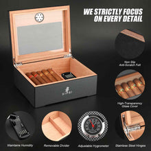 Load image into Gallery viewer, XIFEI Cigar Humidor, Glass Top carbon fiber texture top inlay Hygrometer,including Cigar humidifier, acrylic Cigar stand,Cigar ashtray and Humidor Solution, Holds 25-50 Cigars (9*7.5*3.8IN)