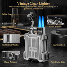 Load image into Gallery viewer, XIFEI Classic Flint-Wheel Cigar Lighter, Adjustable Dual Jet Flame, Windproof & Refillable Butane Lighter with Fuel Window, Unique Cigar Gift for Men Women