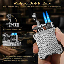 Load image into Gallery viewer, XIFEI Classic Flint-Wheel Cigar Lighter, Adjustable Dual Jet Flame, Windproof & Refillable Butane Lighter with Fuel Window, Unique Cigar Gift for Men Women