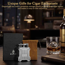 Load image into Gallery viewer, XIFEI Classic Flint-Wheel Cigar Lighter, Adjustable Dual Jet Flame, Windproof & Refillable Butane Lighter with Fuel Window, Unique Cigar Gift for Men Women