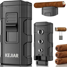 Load image into Gallery viewer, KEJIAR 4-in-1 Cigar Lighter, 2 Jet Flame Refillable Butane Torch Lighter, 3-Size Cigar Punch Cutter, Nubber & Stand, Ideal Gift for Men