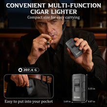 Load image into Gallery viewer, KEJIAR 4-in-1 Cigar Lighter, 2 Jet Flame Refillable Butane Torch Lighter, 3-Size Cigar Punch Cutter, Nubber & Stand, Ideal Gift for Men