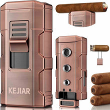 Load image into Gallery viewer, KEJIAR 4-in-1 Cigar Lighter, 2 Jet Flame Refillable Butane Torch Lighter, 3-Size Cigar Punch Cutter, Nubber & Stand, Ideal Gift for Men