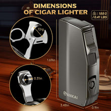 Load image into Gallery viewer, FANKAI 3-in-1 Cigar Lighter, 2 Jet Flame Torch Lighter with Scissors Cutter and Punch, Refillable Windproof Butane Lighter with Fuel Window