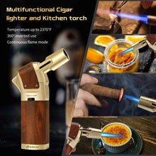Load image into Gallery viewer, FANKAI Cigar Torch Lighter with Punch, Kitchen Cooking Torch Lighter with Locking Mechanism, Wood Grain Butane Torch Lighter