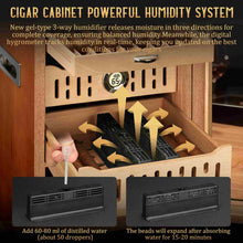 Load image into Gallery viewer, LIHTUN Glass Top Humidor Cabinet Holds Up to 150 Cigars, Desktop Cigar Humidor with 4 Spanish Cedar Wood Shelves and 1 Accessories Drawer, 1 Digital Hygrometer Thermometer, 2 Humidifiers