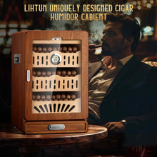 Load image into Gallery viewer, LIHTUN Glass Top Humidor Cabinet Holds Up to 150 Cigars, Desktop Cigar Humidor with 4 Spanish Cedar Wood Shelves and 1 Accessories Drawer, 1 Digital Hygrometer Thermometer, 2 Humidifiers