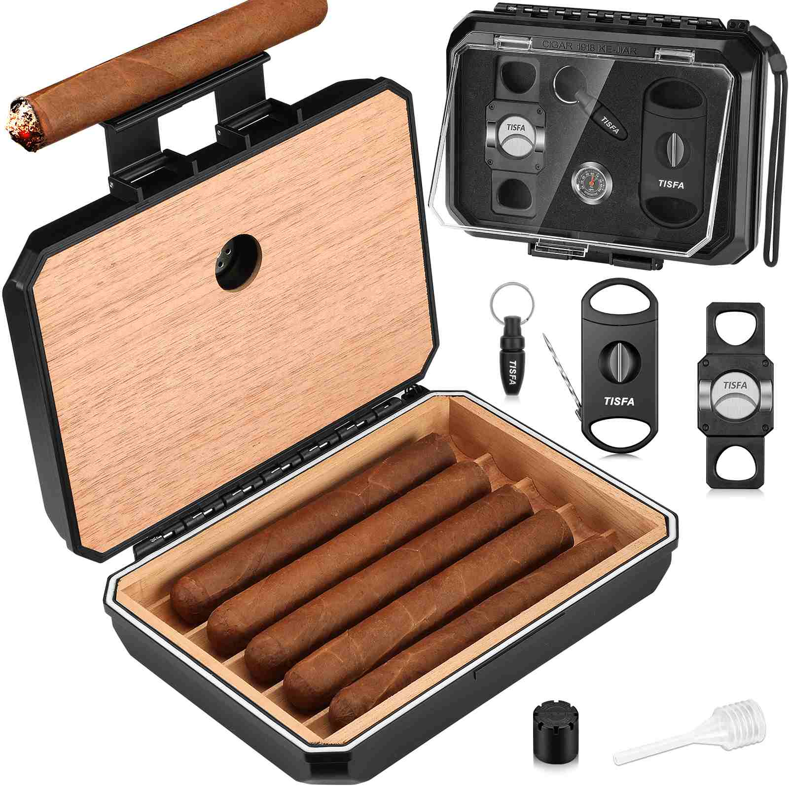 TISFA Travel Humidor Box for 5 Cigars, Includes 2 Multifunctional Cigar Cutters, Cigar Punch, Cigar Humidifier, Hygrometer, Portable Cedar Wood Lined