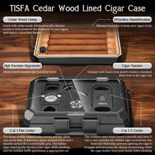 Load image into Gallery viewer, TISFA Travel Humidor Box for 5 Cigars, Includes 2 Multifunctional Cigar Cutters, Cigar Punch, Cigar Humidifier, Hygrometer, Portable Cedar Wood Lined Cigar Case