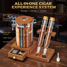 Load image into Gallery viewer, VALLUME Glass Humidor Jar with Dual Cigar Flavoring Tubes, Borosilicate Cigar Storage Case with Humidifier & Hygrometer, Airtight Wooden Lid, Solid Wood Base with Drawer, Perfect Cigar Gift for Men