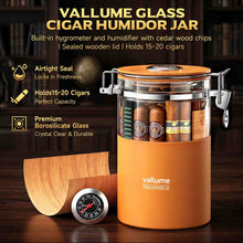 Load image into Gallery viewer, VALLUME Glass Humidor Jar with Hygrometer and Humidifier, Premium Cigar Storage Box with Silicone layer, Spanish Cedar Wood & Airtight Wooden Lid, Holds Up to 20 Cigars