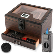 Load image into Gallery viewer, LIHTUN Cigar Humidor and Cigar Lighter Kit, Cedar Wood Cigar Case with Digital Hygrometer & Lock, All In One Butane Lighter, Holds Up to 50 Cigars