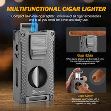 Load image into Gallery viewer, LIHTUN Cigar Humidor and Cigar Lighter Kit, Cedar Wood Cigar Case with Digital Hygrometer & Lock, All In One Butane Lighter, Holds Up to 50 Cigars