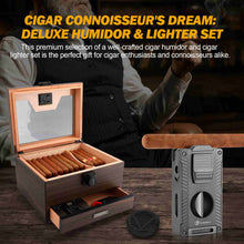 Load image into Gallery viewer, LIHTUN Cigar Humidor and Cigar Lighter Kit, Cedar Wood Cigar Case with Digital Hygrometer & Lock, All In One Butane Lighter, Holds Up to 50 Cigars