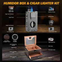 Load image into Gallery viewer, LIHTUN Cigar Humidor and Cigar Lighter Kit, Cedar Wood Cigar Case with Digital Hygrometer & Lock, All In One Butane Lighter, Holds Up to 50 Cigars