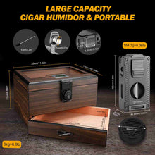 Load image into Gallery viewer, LIHTUN Cigar Humidor and Cigar Lighter Kit, Cedar Wood Cigar Case with Digital Hygrometer & Lock, All In One Butane Lighter, Holds Up to 50 Cigars