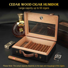 Load image into Gallery viewer, FANKAI PU Leather Travel Humidor with Hygrometer Humidifier, Glass Top Cedar Wood Storage Cigar Case with Divider, Holds Up to 50pcs Cigars