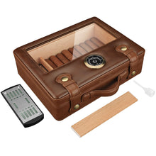 Load image into Gallery viewer, FANKAI PU Leather Travel Humidor with Hygrometer Humidifier, Glass Top Cedar Wood Storage Cigar Case with Divider, Holds Up to 50pcs Cigars