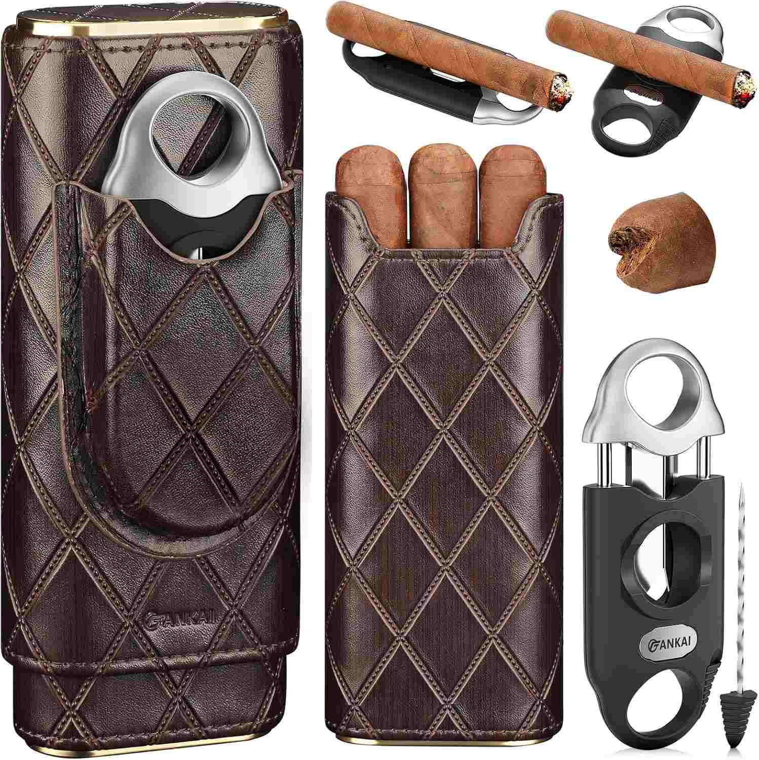 FANKAI Cigar Case with Cigar Cutter Cedar Wood Lining for 2-4