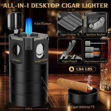Load image into Gallery viewer, XIFEI 8-in-1 Tabletop Cigar Lighter, 4 Jet Flame Refillable Butane Torch Lighters, Straight Cutter, V-Cut Cutter, Cigar Punch, Cigar Stand, 3 Ashtrays, 3 Draw Enhancer Tools