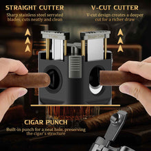 Load image into Gallery viewer, XIFEI 8-in-1 Tabletop Cigar Lighter, 4 Jet Flame Refillable Butane Torch Lighters, Straight Cutter, V-Cut Cutter, Cigar Punch, Cigar Stand, 3 Ashtrays, 3 Draw Enhancer Tools