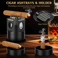 Load image into Gallery viewer, XIFEI 8-in-1 Tabletop Cigar Lighter, 4 Jet Flame Refillable Butane Torch Lighters, Straight Cutter, V-Cut Cutter, Cigar Punch, Cigar Stand, 3 Ashtrays, 3 Draw Enhancer Tools
