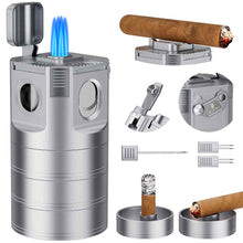 Load image into Gallery viewer, XIFEI 8-in-1 Tabletop Cigar Lighter, 4 Jet Flame Refillable Butane Torch Lighters, Straight Cutter, V-Cut Cutter, Cigar Punch, Cigar Stand, 3 Ashtrays, 3 Draw Enhancer Tools