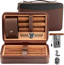 Load image into Gallery viewer, LIHTUN Cigar Humidor, Leather Cedar Wood Travel Cigar Case and Multifunctional 5-in-1 Cigar Lighter Set, Portable Humidor Box with hygrometer, Holds 7 Cigars