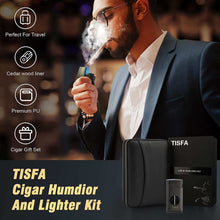 Load image into Gallery viewer, TISFA Cigar Humidor, Leather Cedar Wood Cigar Case with Cigar Lighter, V Cut Cigar Cutter, Cigar Holder 3 in 1, Portable Travel Cigar Humidor Box with Humidifier, Cigar Gift Set