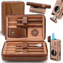 Load image into Gallery viewer, TISFA Travel Humidor, Leather Cigar Case with Cedar Wood Interior, All-in-One Cigar Lighter, V-Cut Cutter, Cigar Rest, Compact Travel Humidor with Built-in Humidifier
