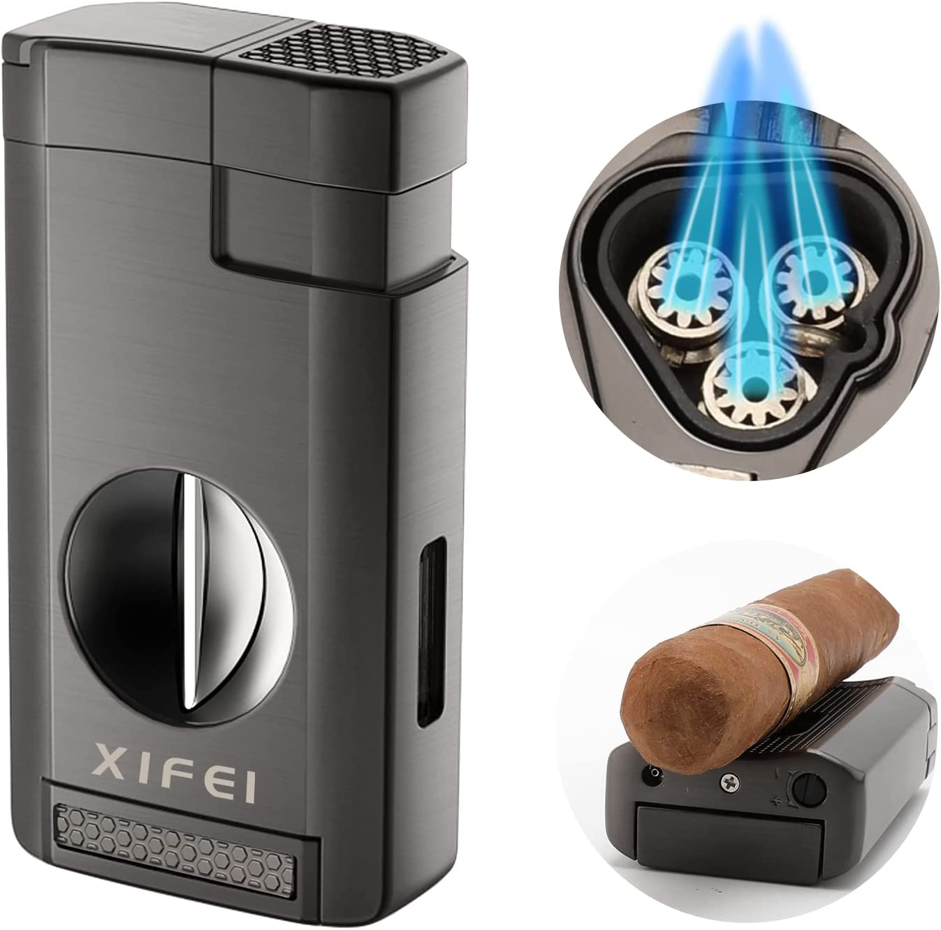 XIFEI Cigar Lighter 4 Jet Flame Torch Lighter with Cigar Holder, Windproof  Rocker Arm Lighter Adjustable Flame, Refillable Butane Lighter Smoking