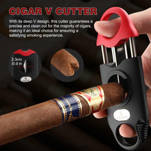 Load image into Gallery viewer, Cigar Cutter Stainless Steel V-Cut with Draw Enhancer Tool, 2 Cigar Holder, Multifunctional V Cut Cigar Clipper Scissors Up to 56 Gauge