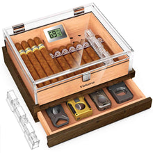 Load image into Gallery viewer, VALLUME Acrylic Cigar Humidor, Desktop Humidor Box with Cigar Accessory Drawer, Includes Gel Humidifier and Digital Hygrometer, Cedar Wood Tray, Holds Up to 45 Cigars