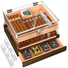 Load image into Gallery viewer, VALLUME Acrylic Cigar Humidor, Desktop Humidor Box with Cigar Accessory Drawer, Includes Gel Humidifier and Digital Hygrometer, Cedar Wood Tray, Holds Up to 60 Cigars