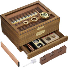 Load image into Gallery viewer, LIHTUN Wooden Humidor, Glass Top Cigar Box with Digital Hygrometer, Adjustable Humidifier, Accessories Drawer, Holds Up to 35 Cigars