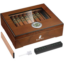 Load image into Gallery viewer, XIFEI Wooden Humidor, Glass Top Cigar Box with Digital Hygrometer, Humidifier and Divider, Desktop Cedar Wood Cigar Humidor Holds 20-30 Cigars