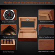 Load image into Gallery viewer, TISFA Cigar Humidor, Glass Top Cigar Box with Hygrometer Humidifier and Divider, Desktop Cedar Wood Storage Case Holds 20-30 Cigars