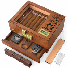 Load image into Gallery viewer, XIFEI Wooden Humidor with Combination Lock, Glass Top Cigar Humidor with Digital Hygrometer, Adjustable Humidifier, Divider, Accessories Drawer, Holds Up to 30 Cigars