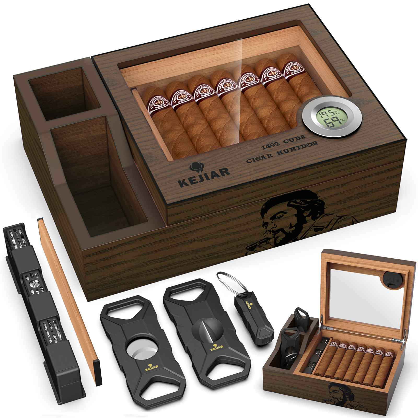 KEJIAR Wooden Humidor with Side Accessory Compartments, Glass Top Ciga –  XIFEI