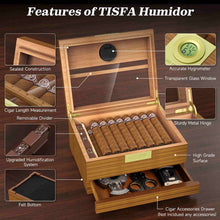 Load image into Gallery viewer, TISFA Wooden Humidor, Glass Top Cigar Box with Digital Hygrometer, Adjustable Humidifier, Accessories Drawer, Holds Up to 30 Cigars