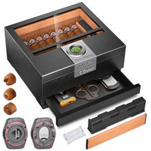 Load image into Gallery viewer, TISFA Wooden Humidor with 4 in 1 Cigar Cutter, Digital Hygrometer and Humidifier, Drawer, Divider, Cigar Length Ruler, Large Cedar Wood Cigar Box and Cigar Cutter Gifts Set