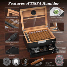 Load image into Gallery viewer, TISFA Wooden Humidor with 4 in 1 Cigar Cutter, Digital Hygrometer and Humidifier, Drawer, Divider, Cigar Length Ruler, Large Cedar Wood Cigar Box and Cigar Cutter Gifts Set