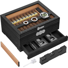 Load image into Gallery viewer, LIHTUN Wooden Humidor, Glass Top Cigar Box with Digital Hygrometer, Adjustable Humidifier, Accessories Drawer, Holds Up to 35 Cigars