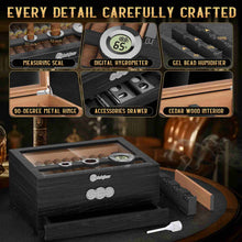 Load image into Gallery viewer, LIHTUN Wooden Humidor, Glass Top Cigar Box with Digital Hygrometer, Adjustable Humidifier, Accessories Drawer, Holds Up to 35 Cigars