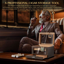 Load image into Gallery viewer, TISFA Wooden Humidor with 2 Digital Hygrometer, Cedar Wood Cigar Box with 2 Humidifiers, Cedar Tray, Divider, Accessory Drawer, Acrylic Travel Cigar Tube, Large Desktop Humidors Holds 50-65 Cigars