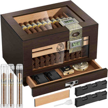 Load image into Gallery viewer, TISFA Wooden Humidor with 2 Digital Hygrometer, Cedar Wood Cigar Box with 2 Humidifiers, Cedar Tray, Divider, Accessory Drawer, Acrylic Travel Cigar Tube, Large Desktop Humidors Holds 50-65 Cigars