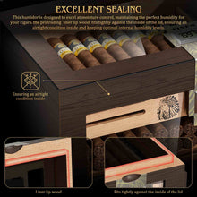 Load image into Gallery viewer, TISFA Wooden Humidor with 2 Digital Hygrometer, Cedar Wood Cigar Box with 2 Humidifiers, Cedar Tray, Divider, Accessory Drawer, Acrylic Travel Cigar Tube, Large Desktop Humidors Holds 50-65 Cigars