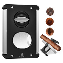 Load image into Gallery viewer, XIFEI Cigar Cutter V-Cut Guillotine,4 in 1 Straight Cut V Cutter with Cigar Punch Cigar Holder Stainless Steel Blade Ergonomic Design with Secure-Lock 60 RG Cigar Accessories (Black)