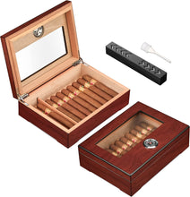 Load image into Gallery viewer, TISFA Cigar Humidor, Glass Top Cigar Box with Hygrometer Humidifier and Divider, Desktop Cedar Wood Storage Case Holds 20-30 Cigars