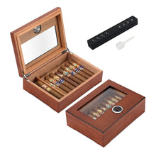 Load image into Gallery viewer, TISFA Cigar Humidor, Glass Top Cigar Box with Hygrometer Humidifier and Divider, Desktop Cedar Wood Storage Case Holds 20-30 Cigars